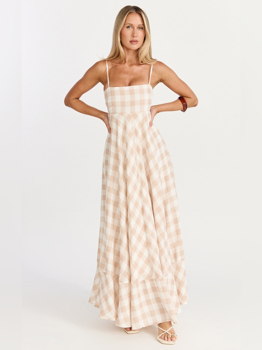 NWT - Showpo Katrien Empire Waist Maxi Dress In Beige / White Checker - Size 10 - Picture 2 of 9